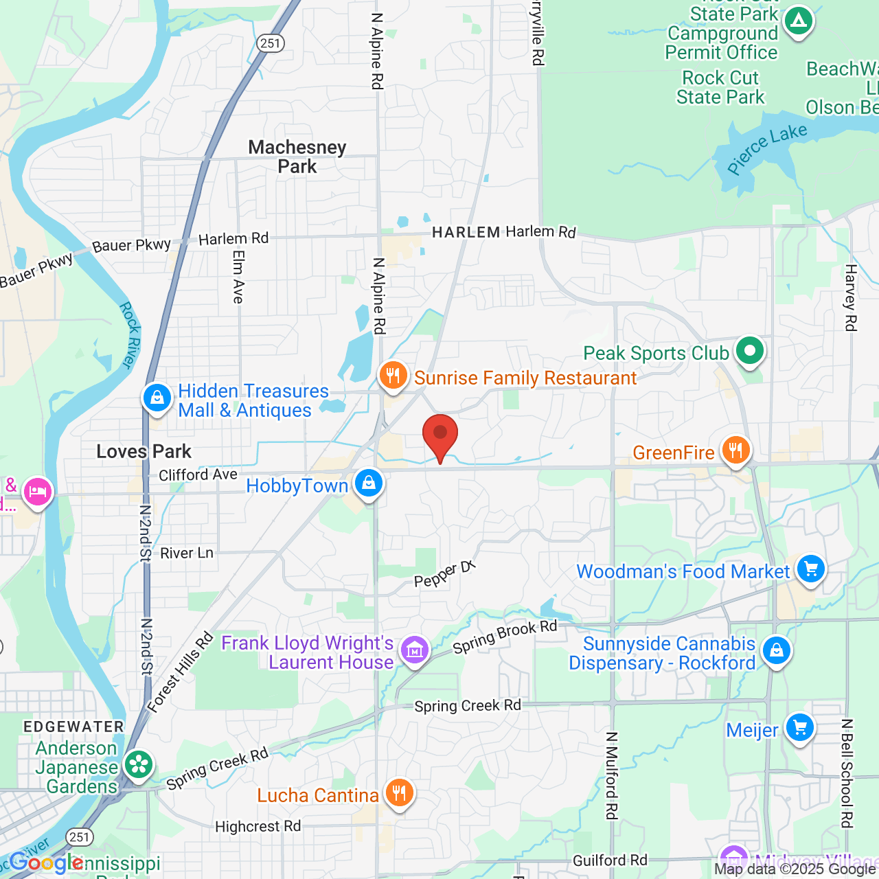 Google map image of our location in 2004 E Riverside Blvd Loves Park, IL